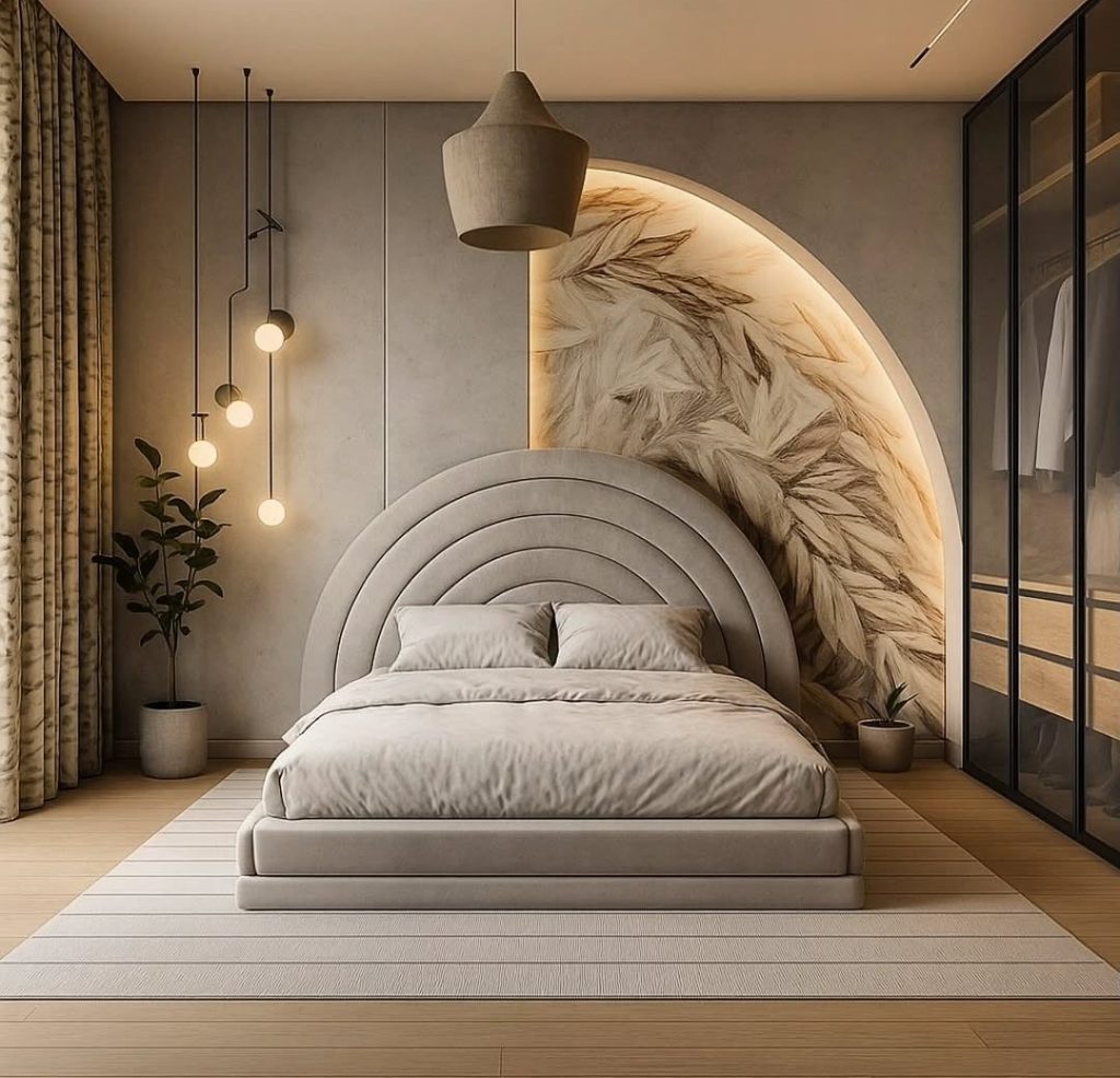 Classic bedroom with botanical wallpaper and circular pendant lighting