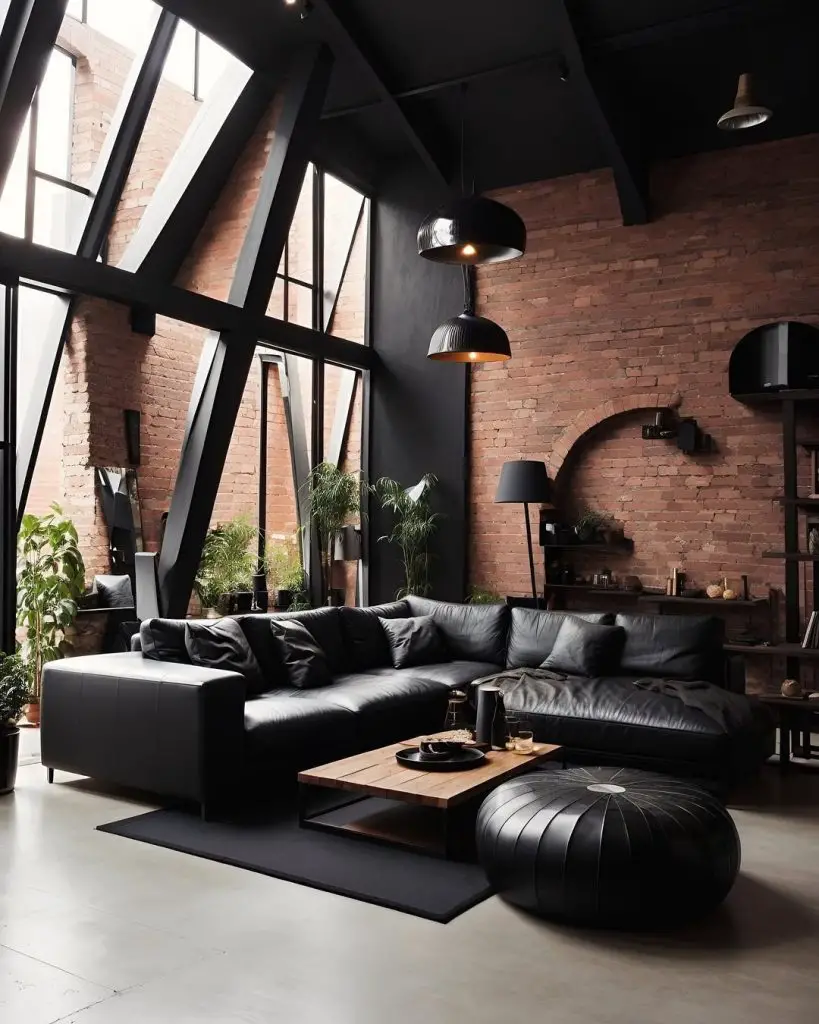Industrial loft with brick walls, black sofa, and steel windows