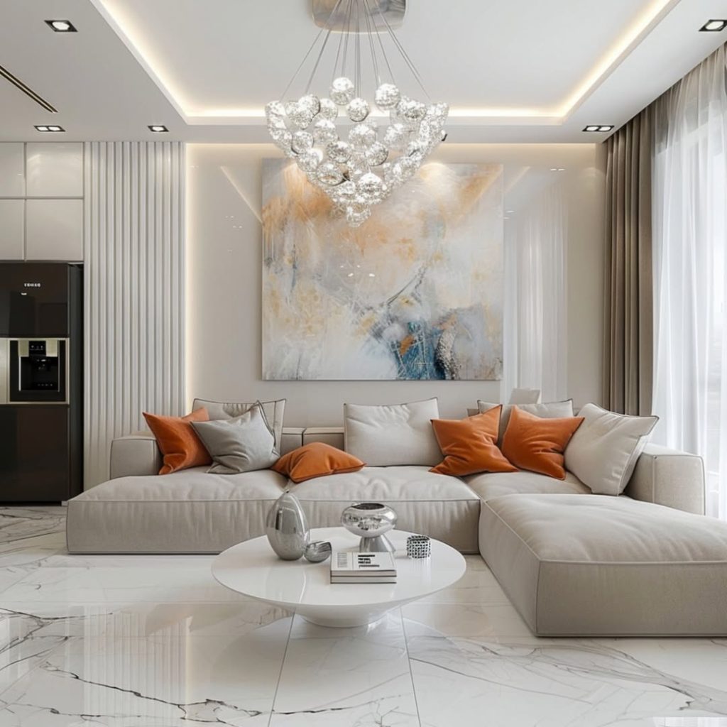 Elegant sectional sofa on marble floors with crystal chandelier overhead