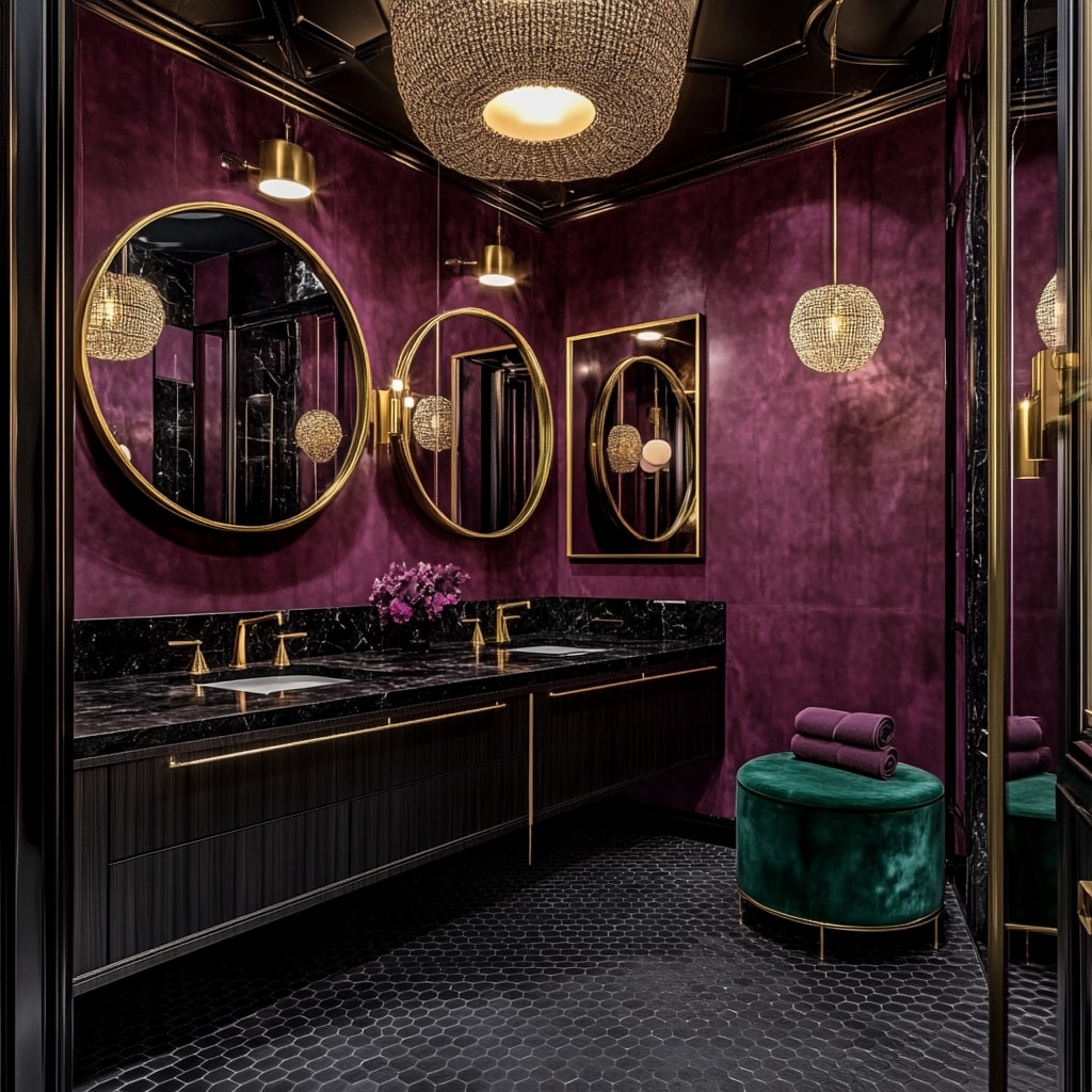 Glamorous purple bathroom with gold mirrors and crystal lighting