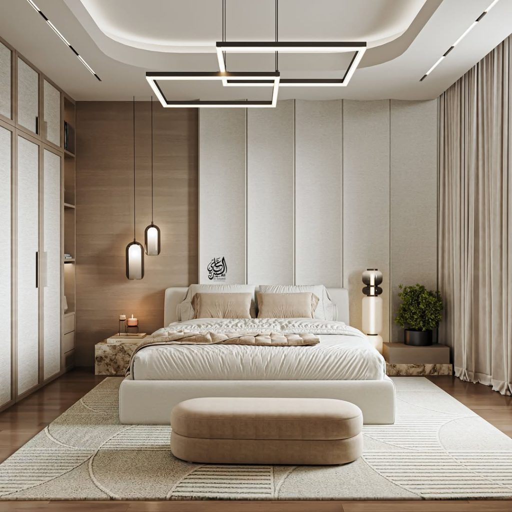 Neutral bedroom with wood panels geometric lighting fixtures