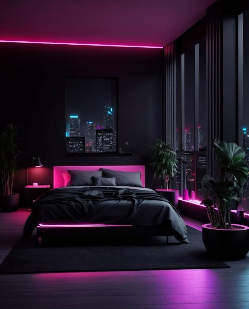  Modern bedroom with pink LED lights and city view windows