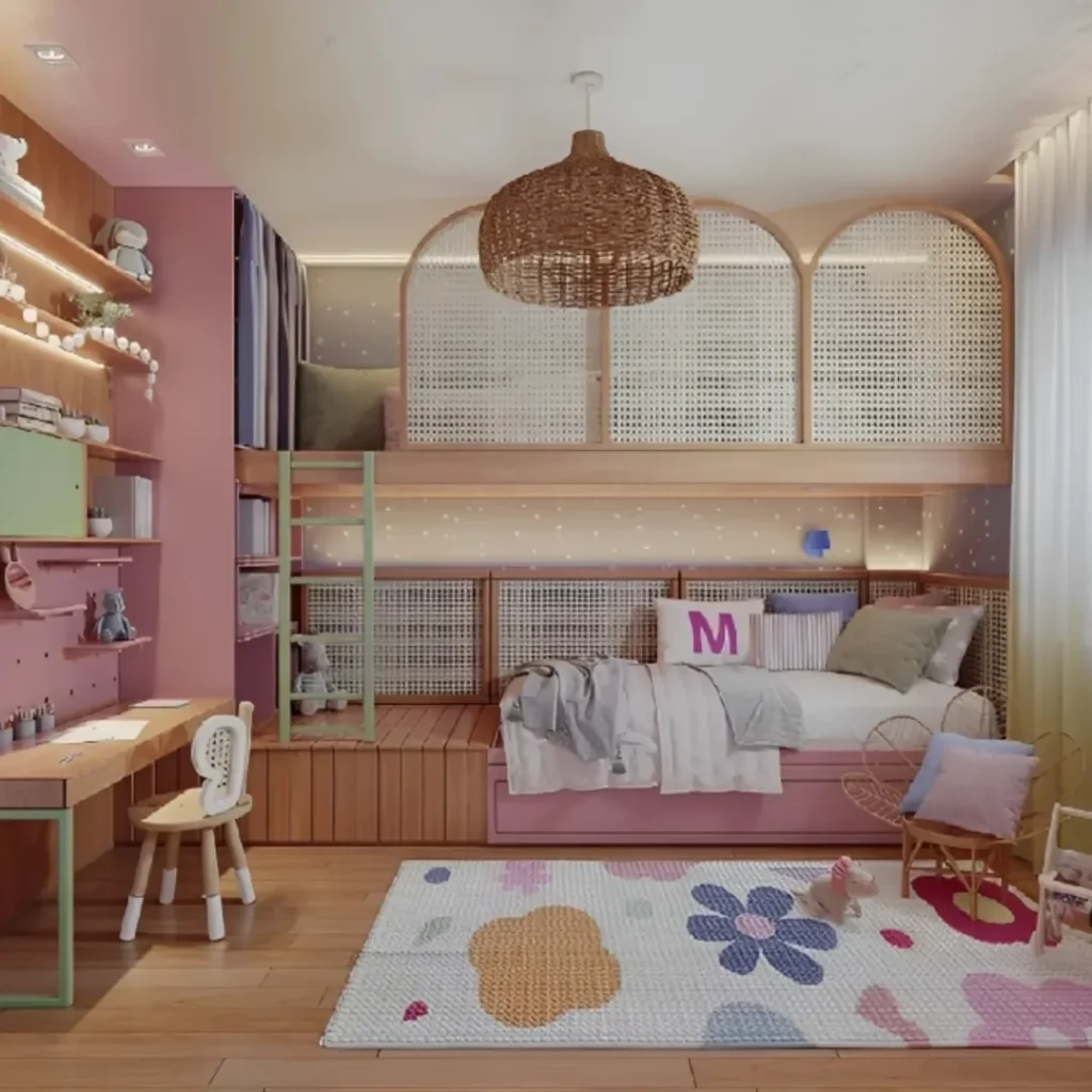 Pink girls bedroom with loft bed and natural wicker lighting