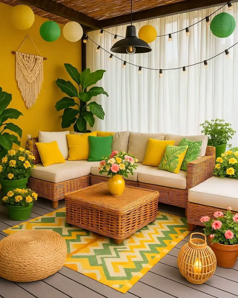 Colorful outdoor patio with rattan furniture and tropical plants