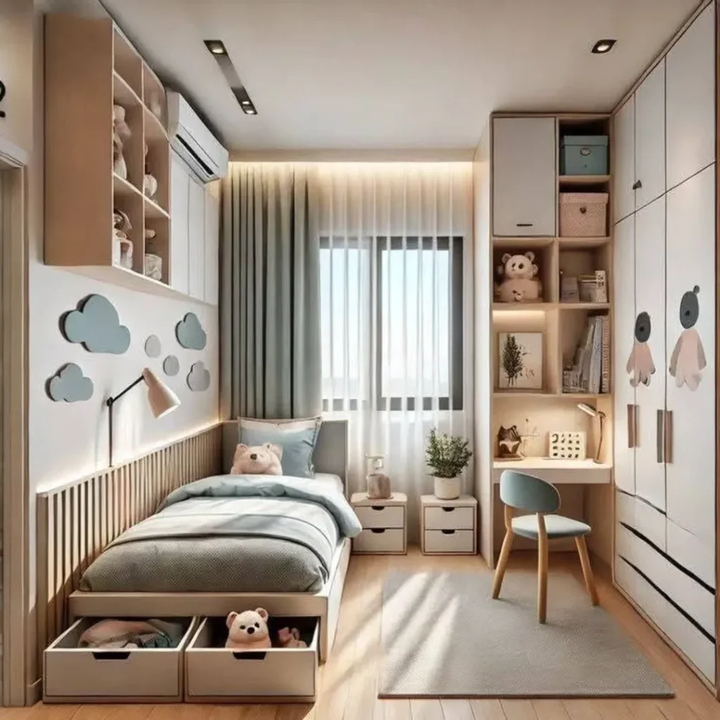 Small kids bedroom with cloud decals and under-bed storage