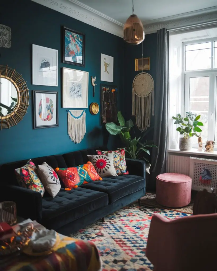 Navy velvet sofa with eclectic wall art, teal walls, colorful pillows
