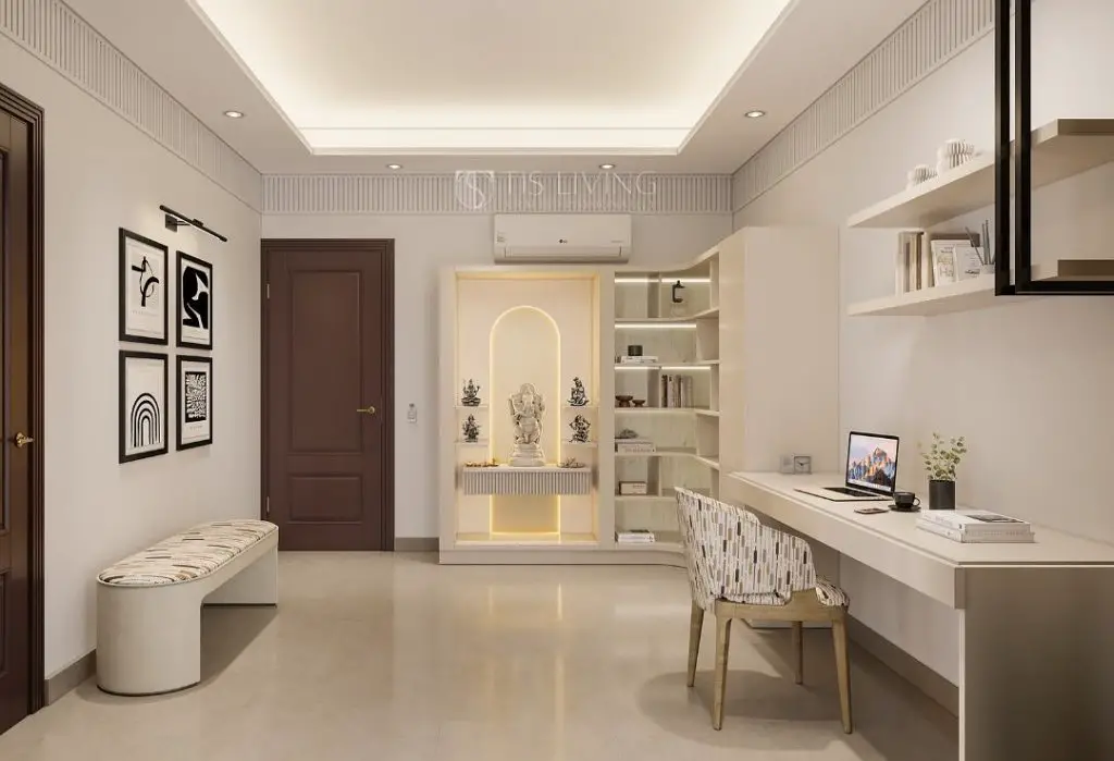 Study room with prayer alcove and floating shelves