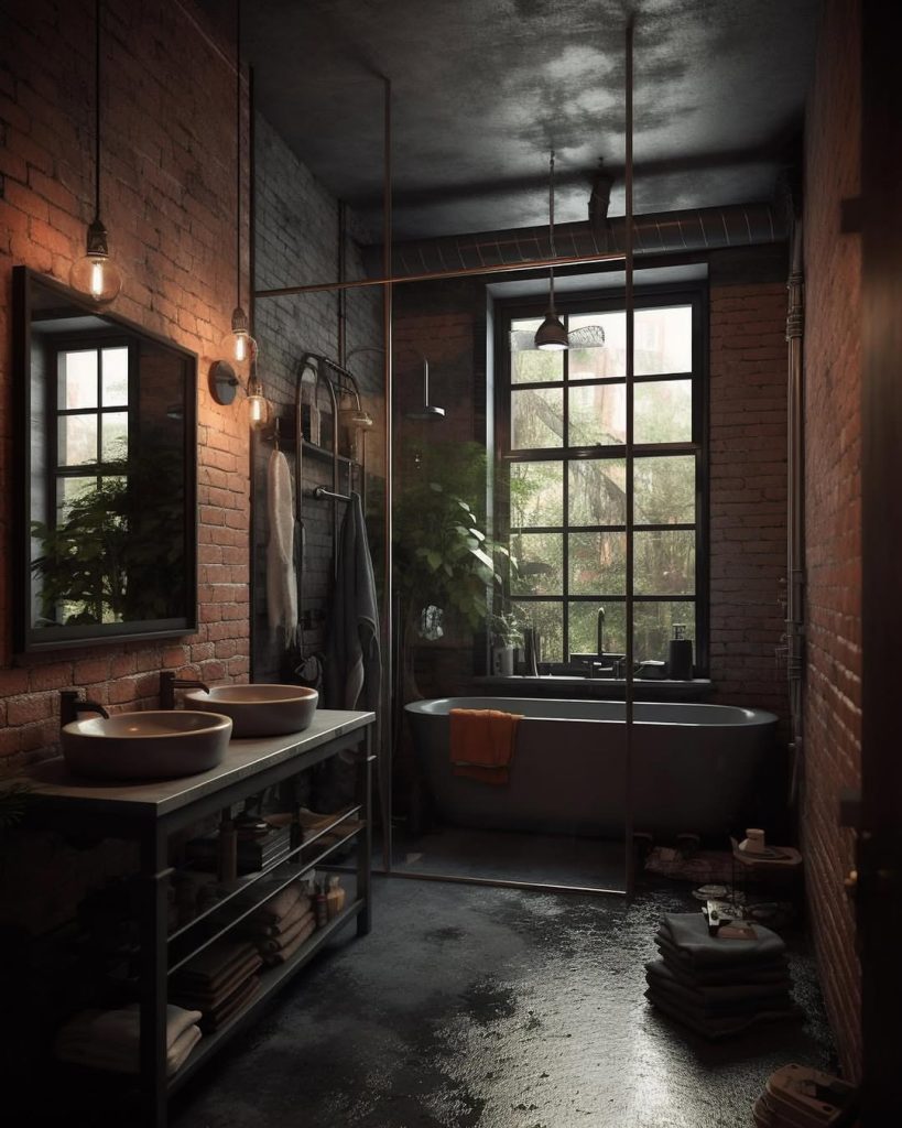 Industrial bathroom with exposed brick walls and black bathtub