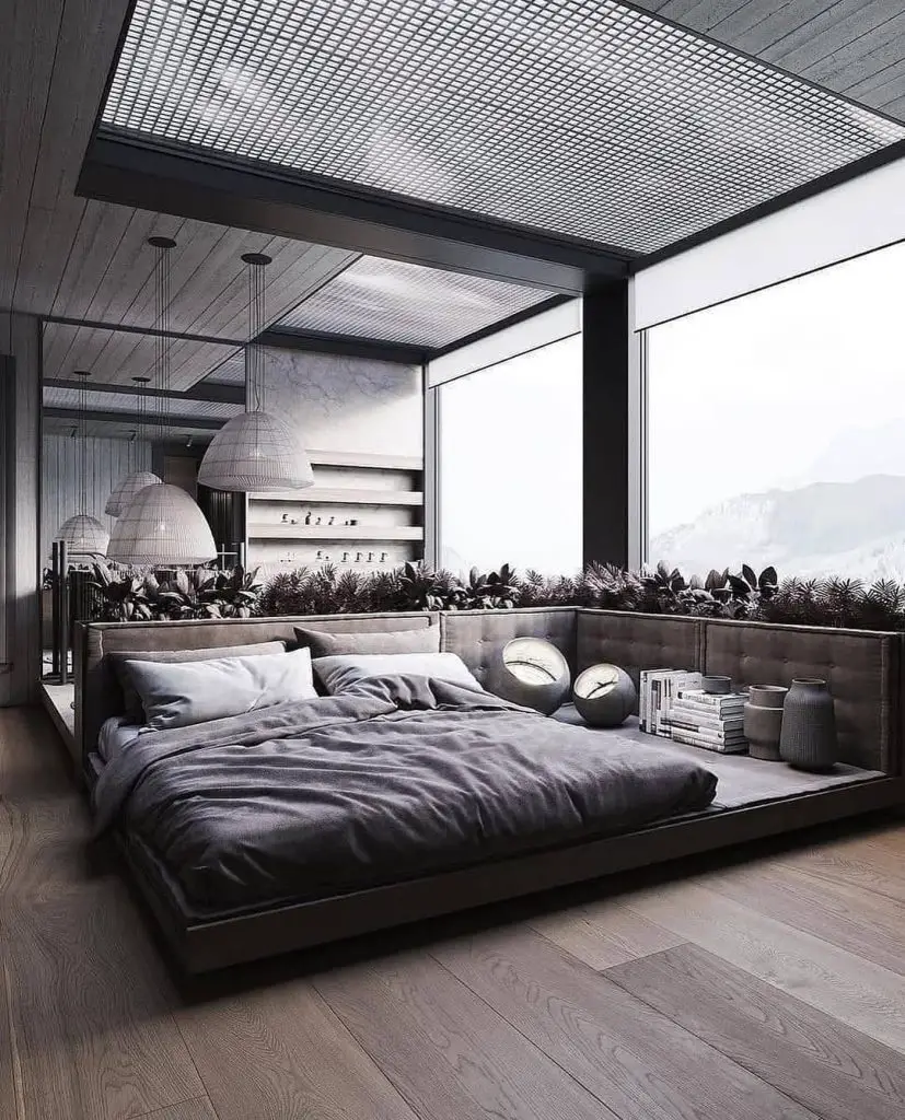 Industrial bedroom with steel frame built-in planters pendant lights