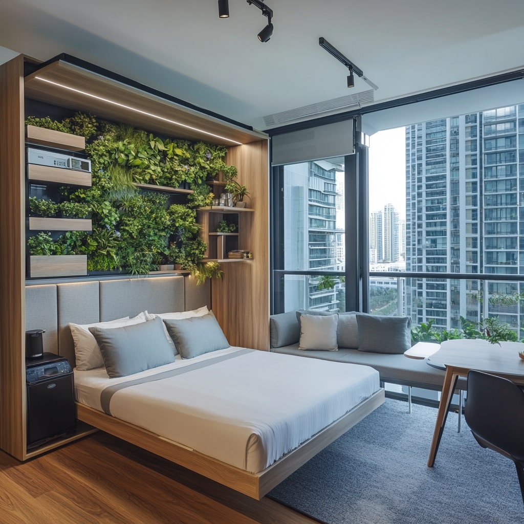 Bedroom with vertical garden wall, murphy bed, and built-in seating area