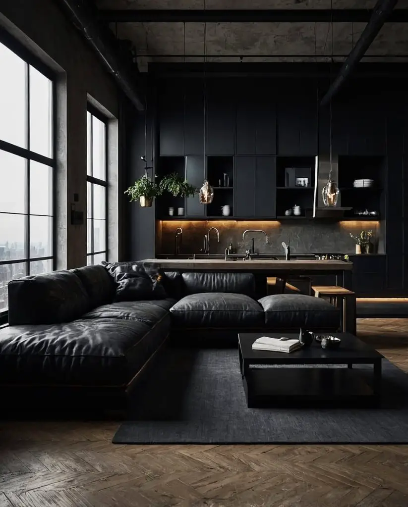 Modern industrial kitchen with black cabinetry and integrated living area