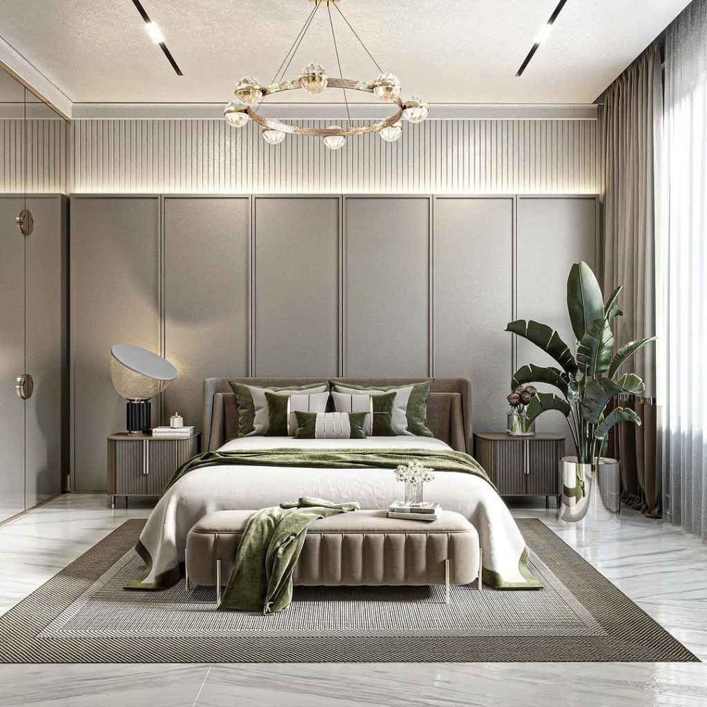 Modern bedroom with textured panels and circular brass chandelier