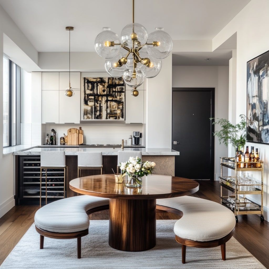 Modern dining room with brass chandelier, round table, and elegant lighting