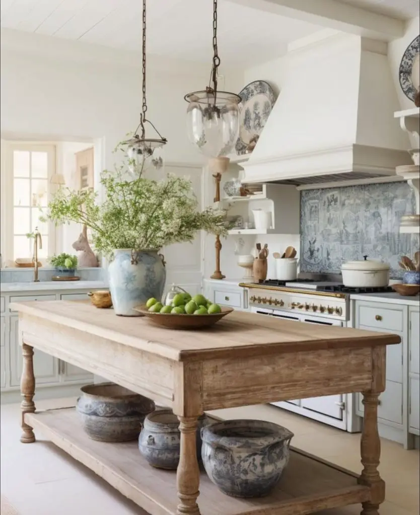 Wooden kitchen island with blue pottery fresh greenery