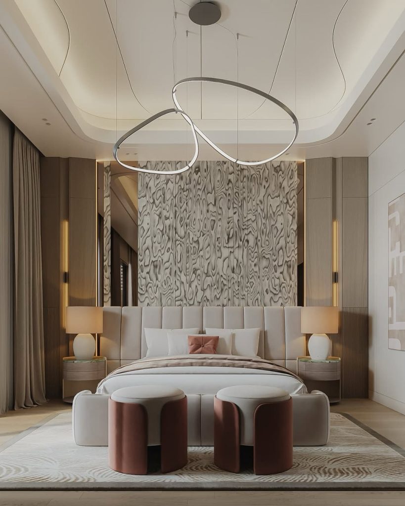 Modern bedroom with curved pendant lights and wood grain wall