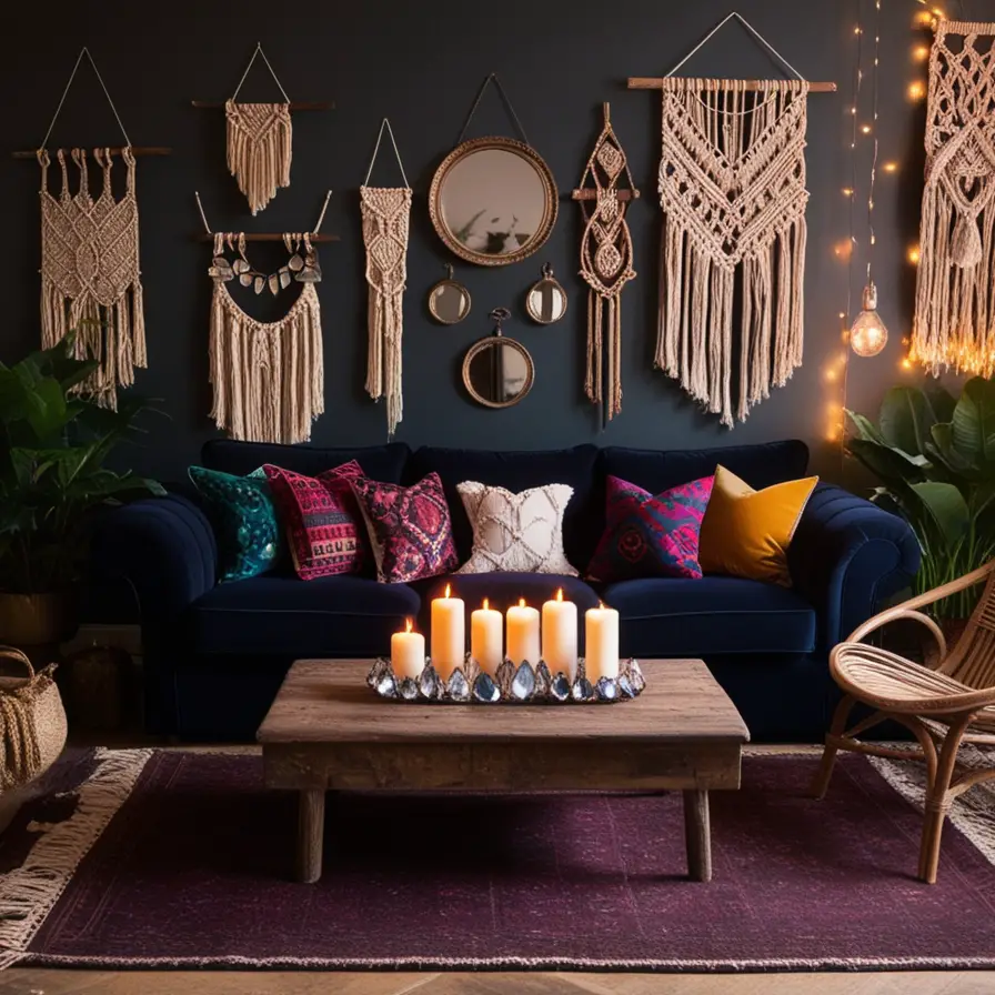 Navy sofa with macrame wall art, colorful pillows, candlelit atmosphere