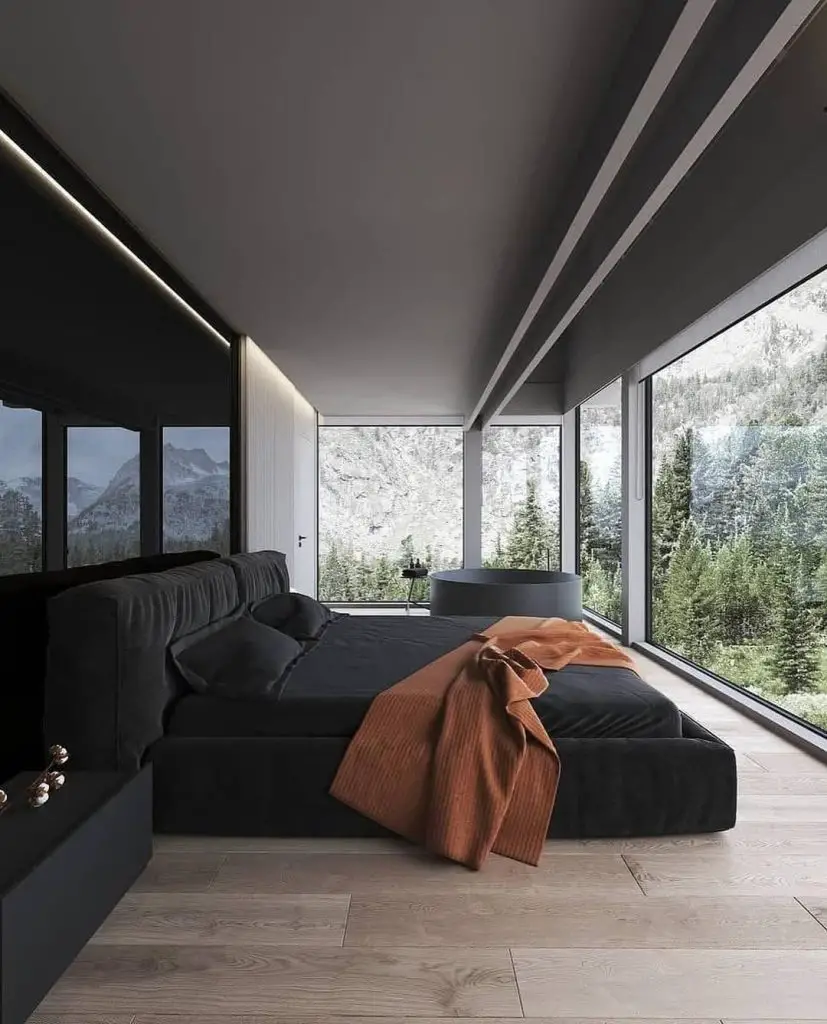 Modern bedroom with panoramic mountain views platform bed