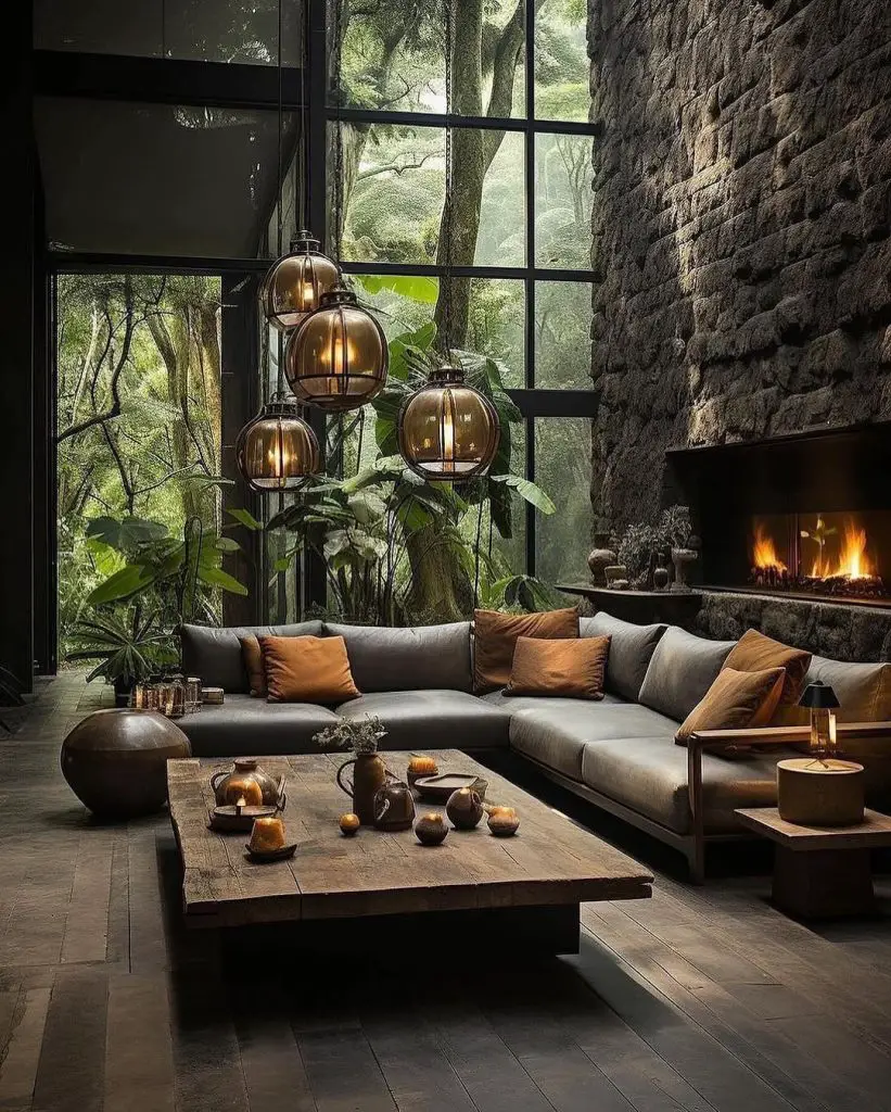 Natural stone living room with forest views and amber pendant lights