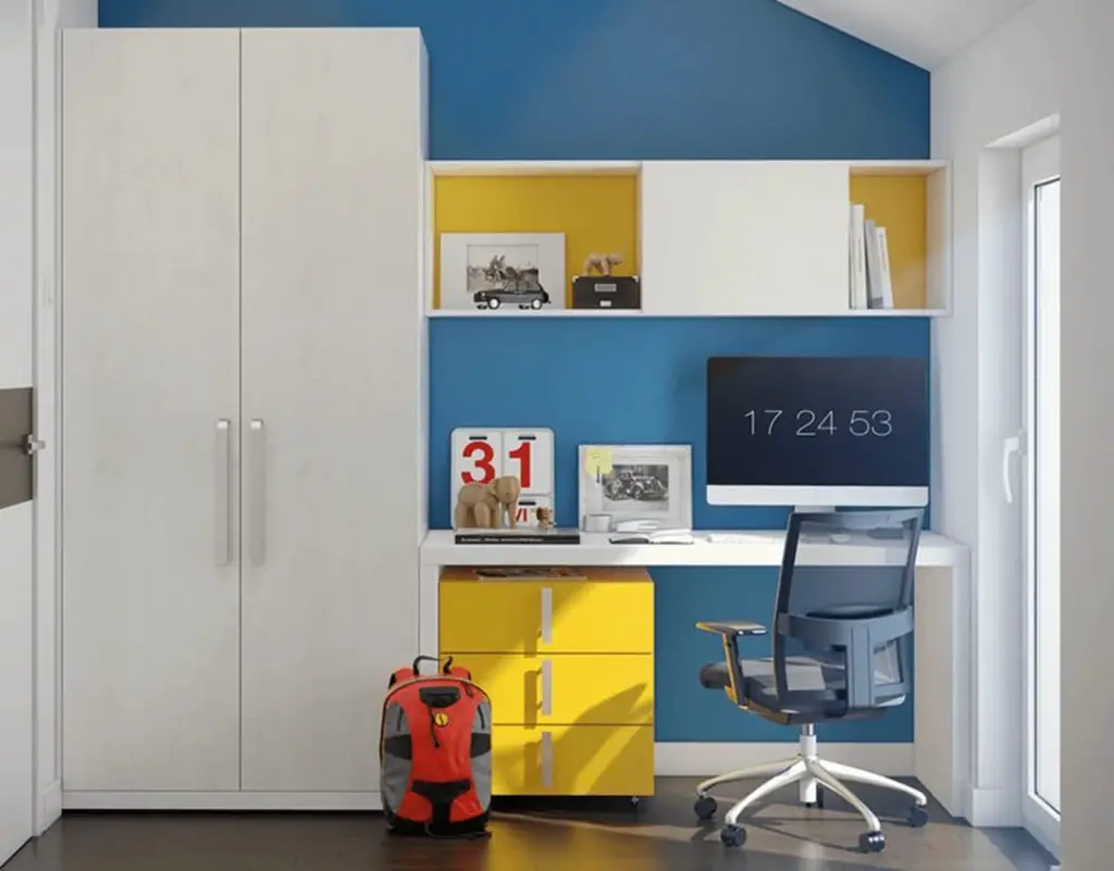 Colorful study nook with blue and yellow storage