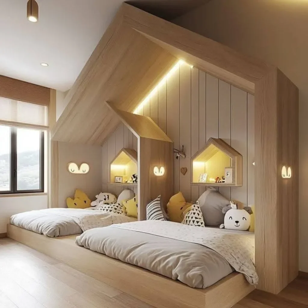 Twin cabin beds with house shapes and warm interior lighting