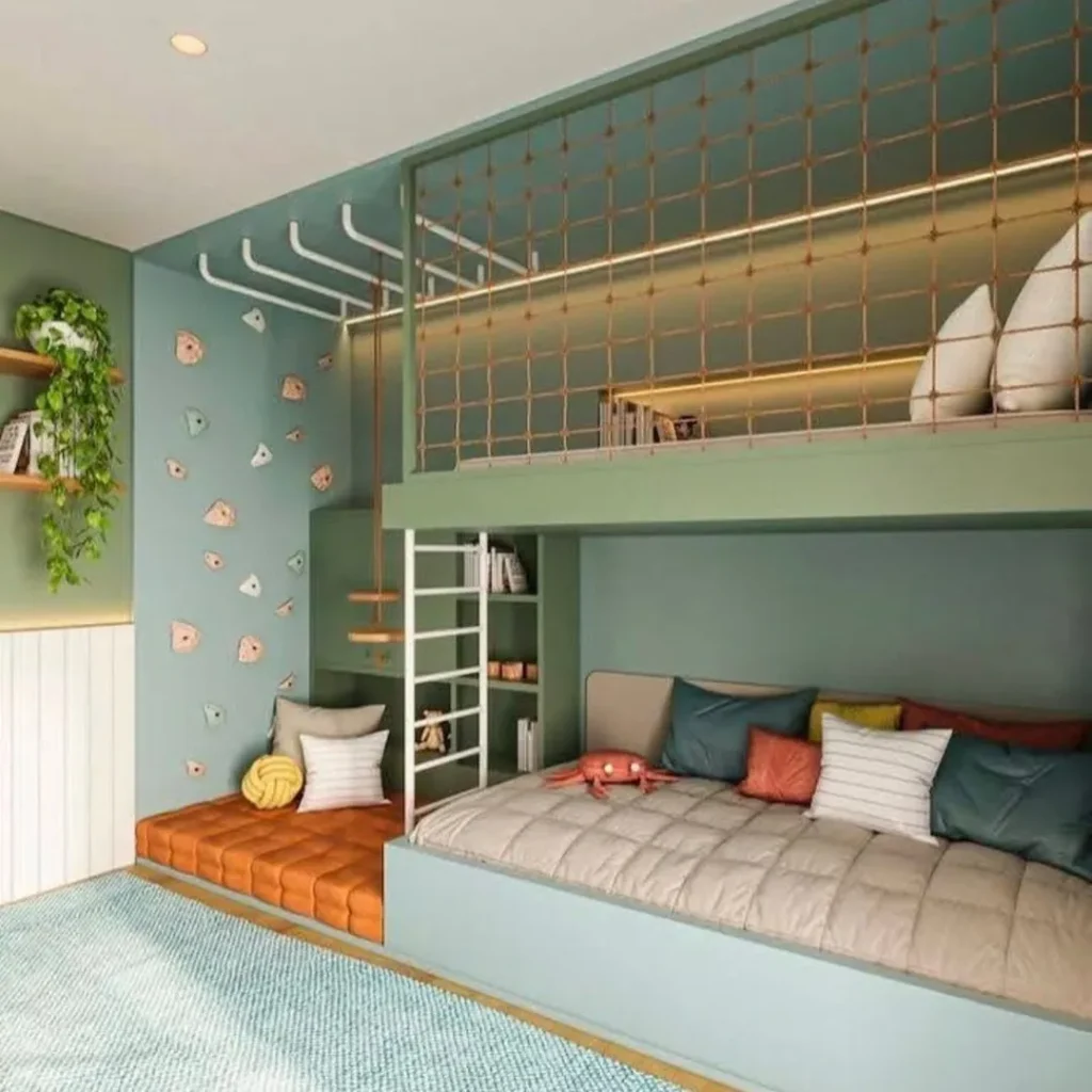 Green loft bed with climbing wall and rope adventure features