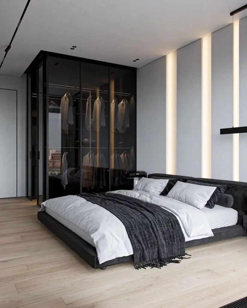 Bedroom with illuminated glass wardrobe vertical LED strips