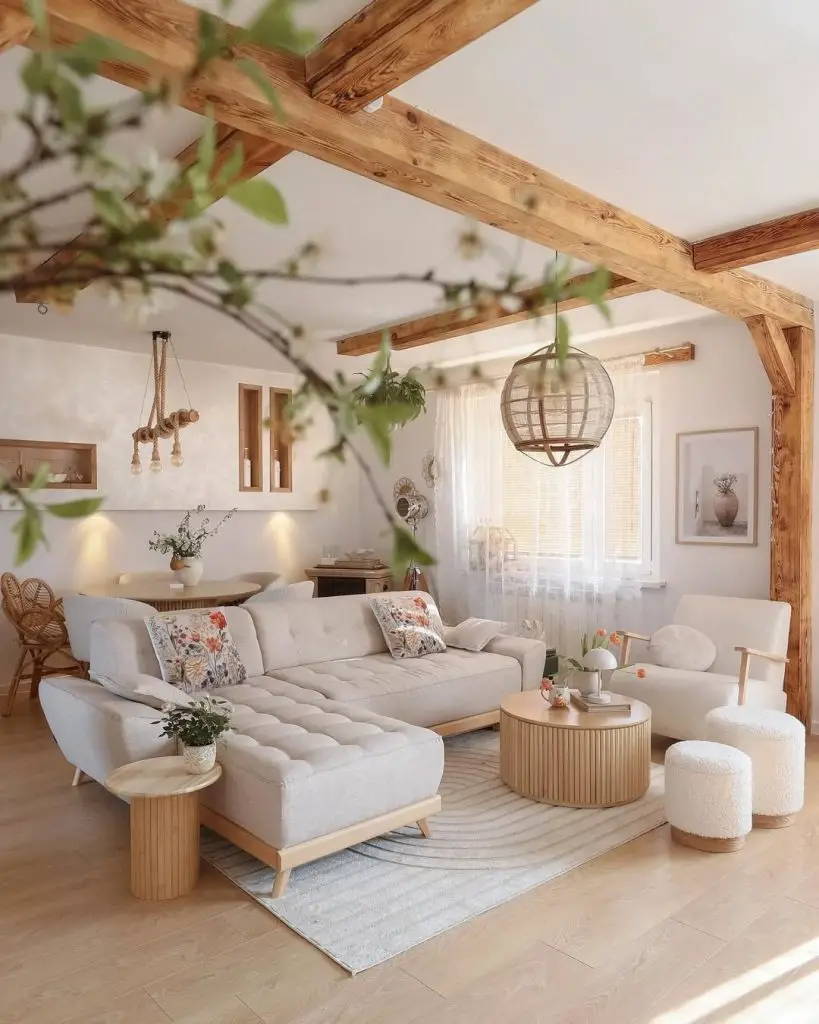 Living room with exposed wooden beams and neutral sectional