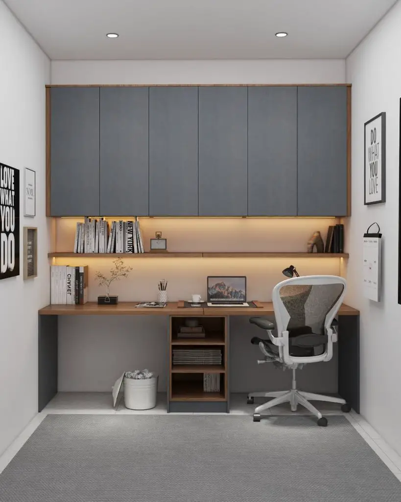 Modern gray office with floating desk and lighting