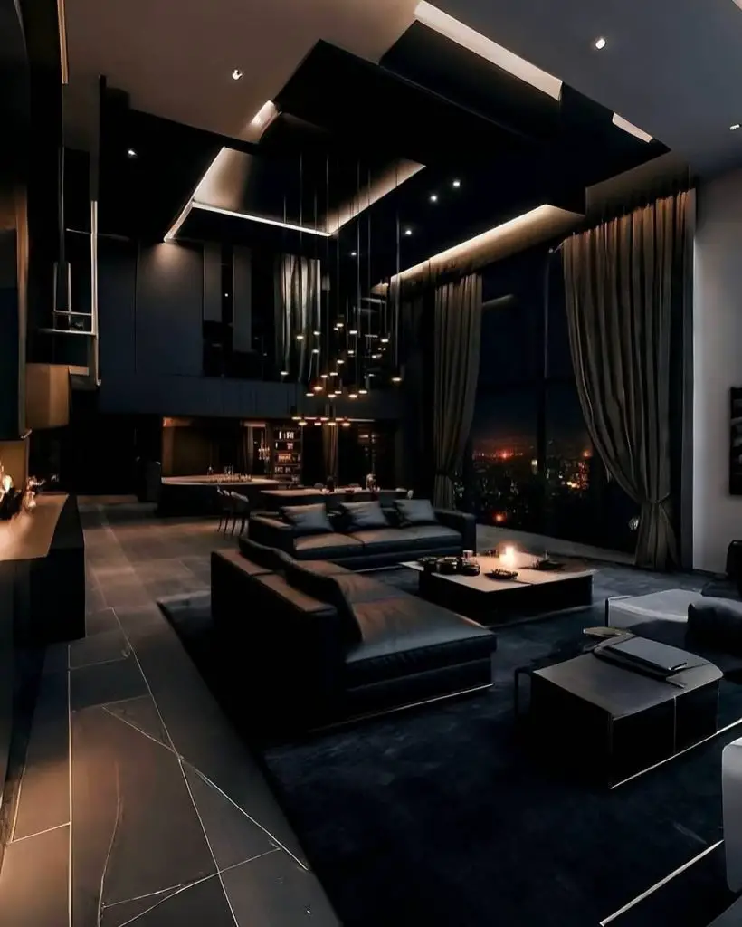 Ultra-modern penthouse with dramatic lighting and city views