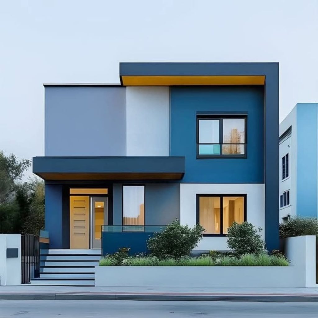 Blue contemporary house with wood accents geometric
