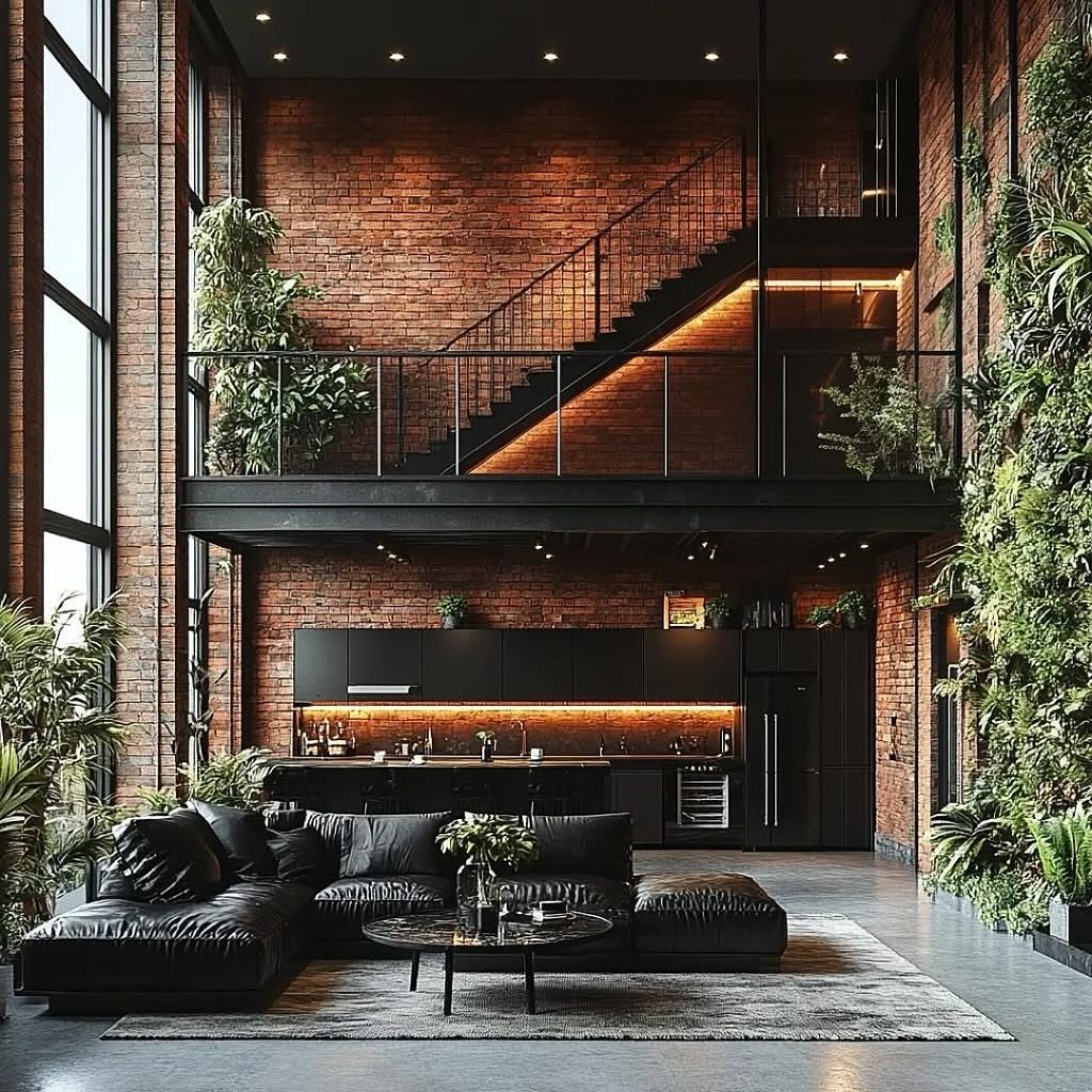 Botanical industrial loft with living greenery and exposed brick