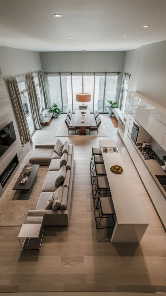 Double height kitchen with floor-to-ceiling windows and long island