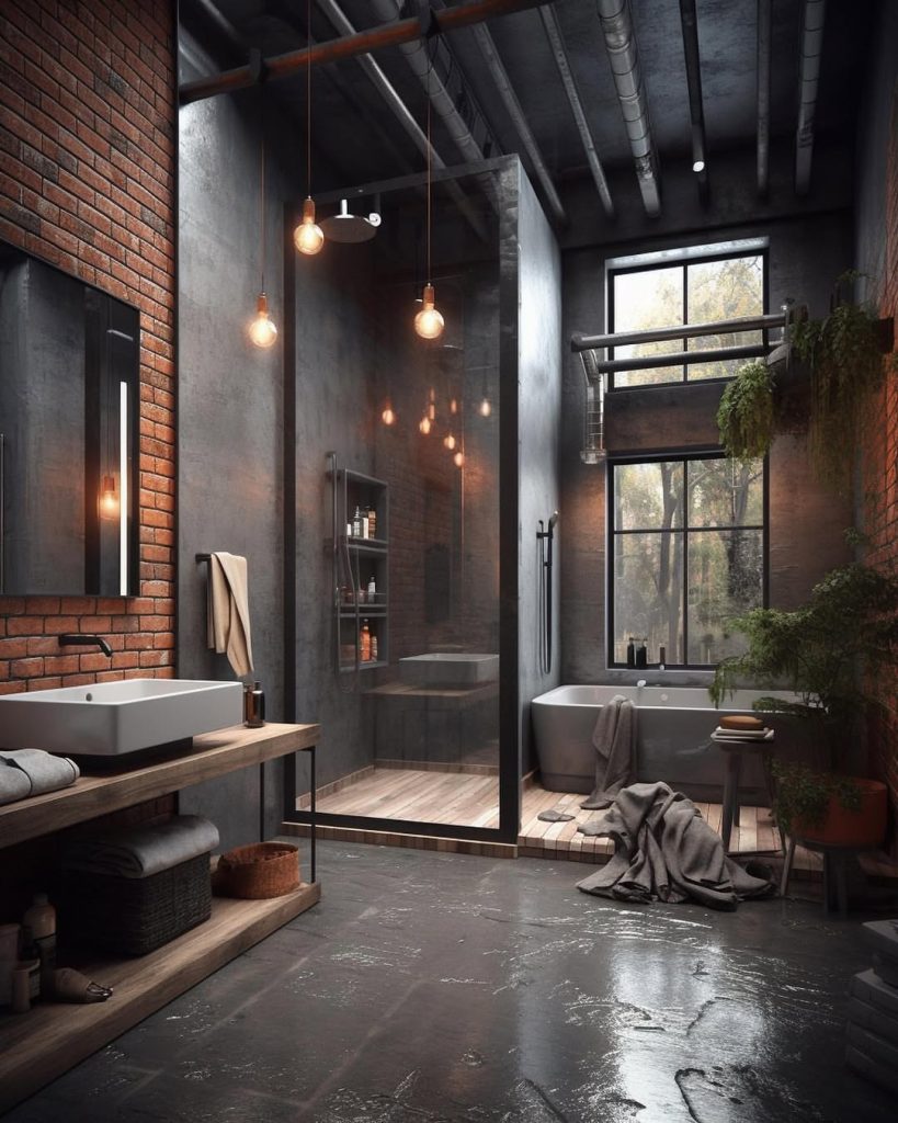 Industrial loft bathroom with exposed brick and glass shower