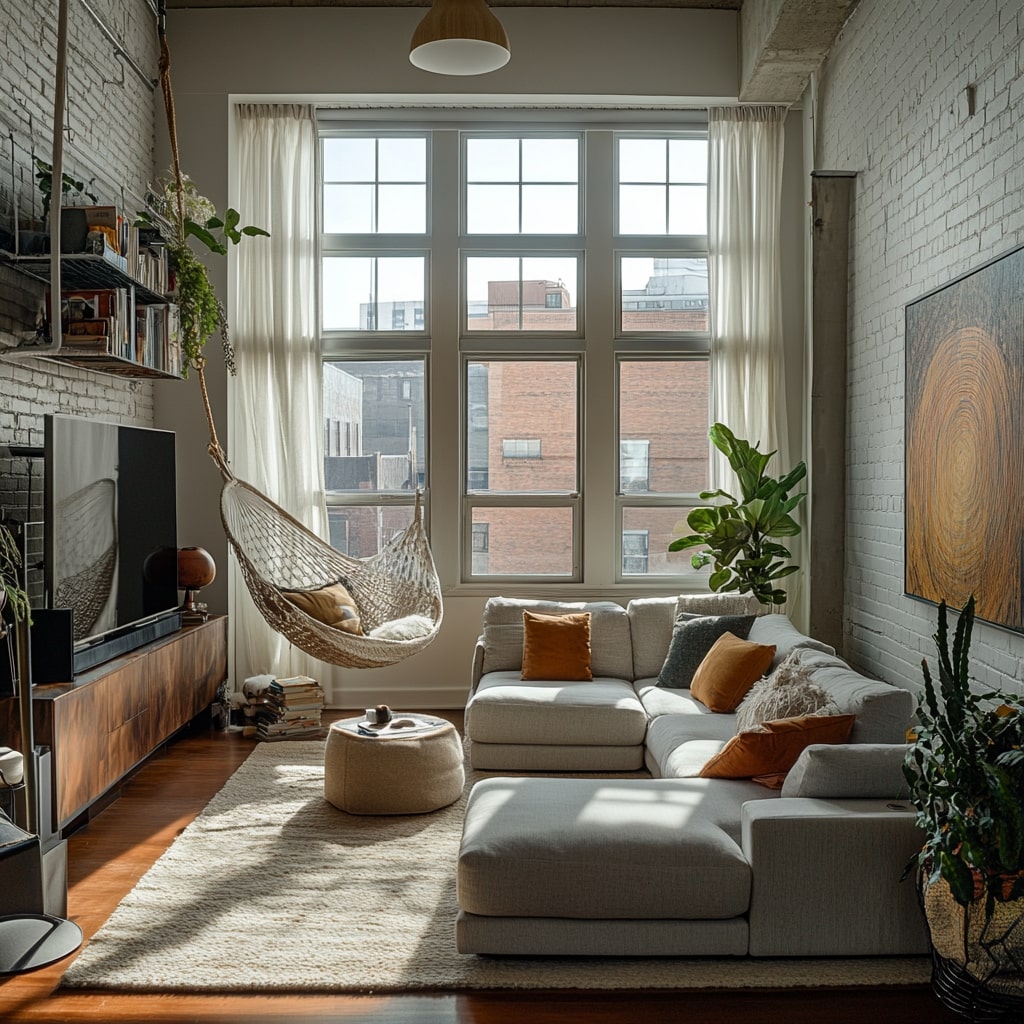 Industrial loft with brick walls, hanging hammock, and comfortable seating
