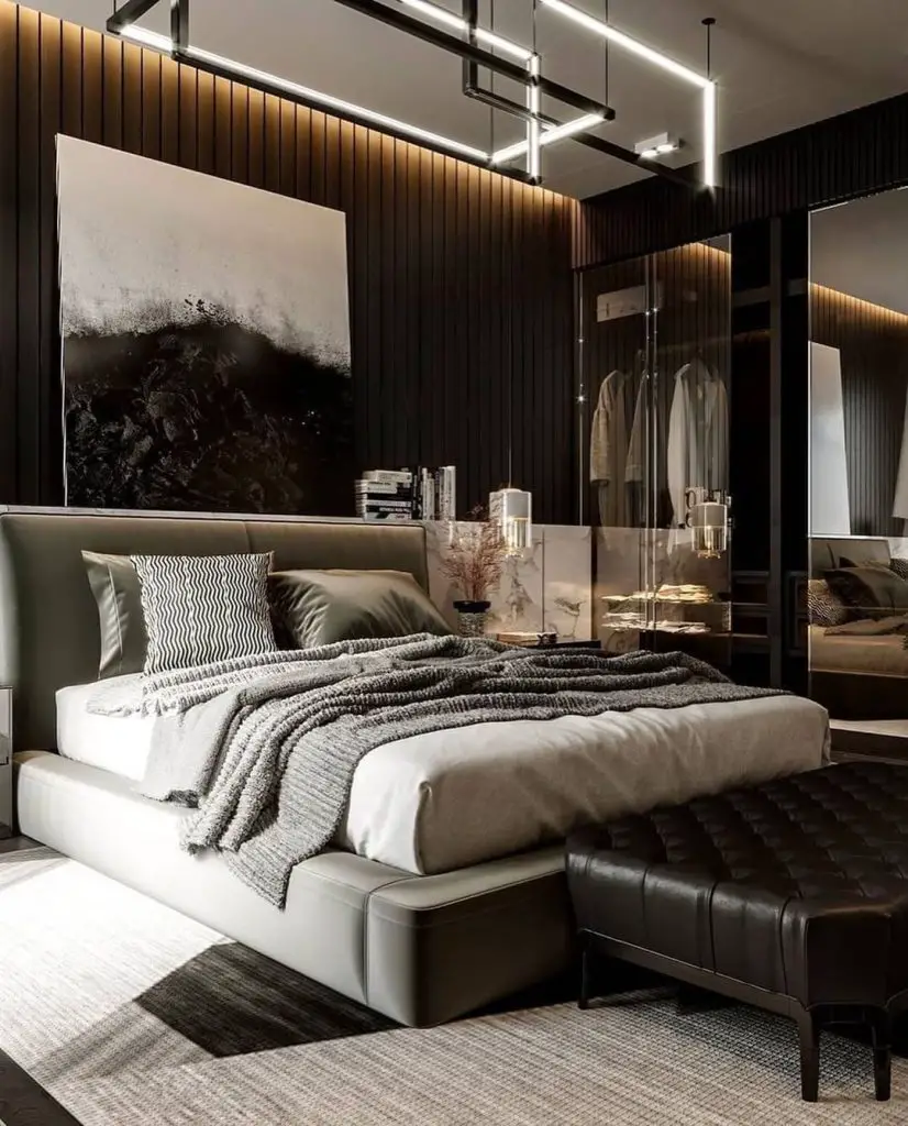 Luxury bedroom with wood paneling glass wardrobe abstract art