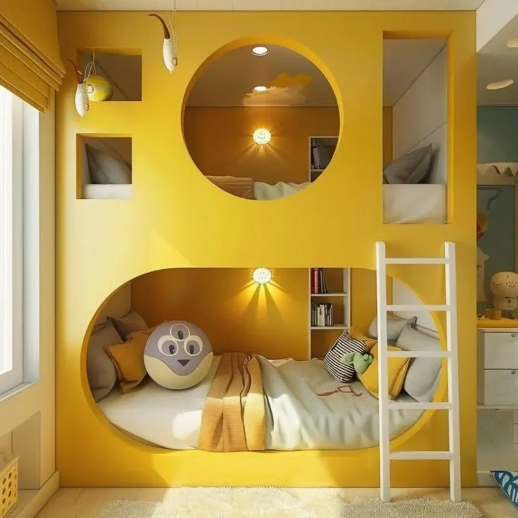 Yellow bunk beds with circular openings and built-in storage