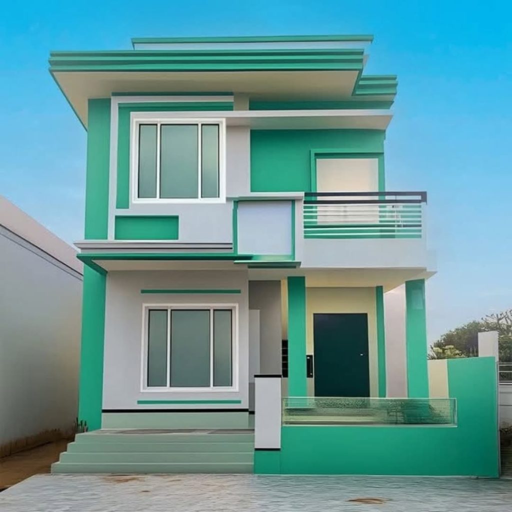 Green white modern house with geometric design