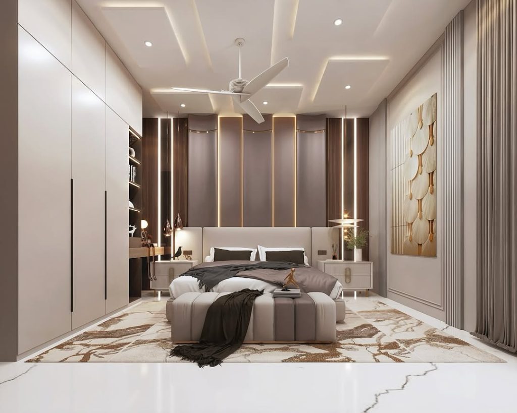 Spacious bedroom with illuminated panels and extensive built-in storage