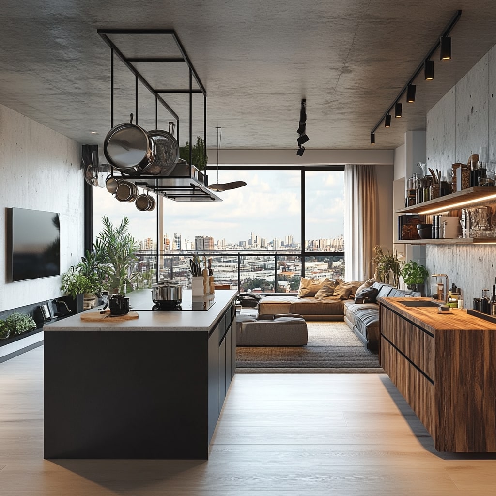 Open kitchen with hanging pot rack, concrete ceiling, and city views
