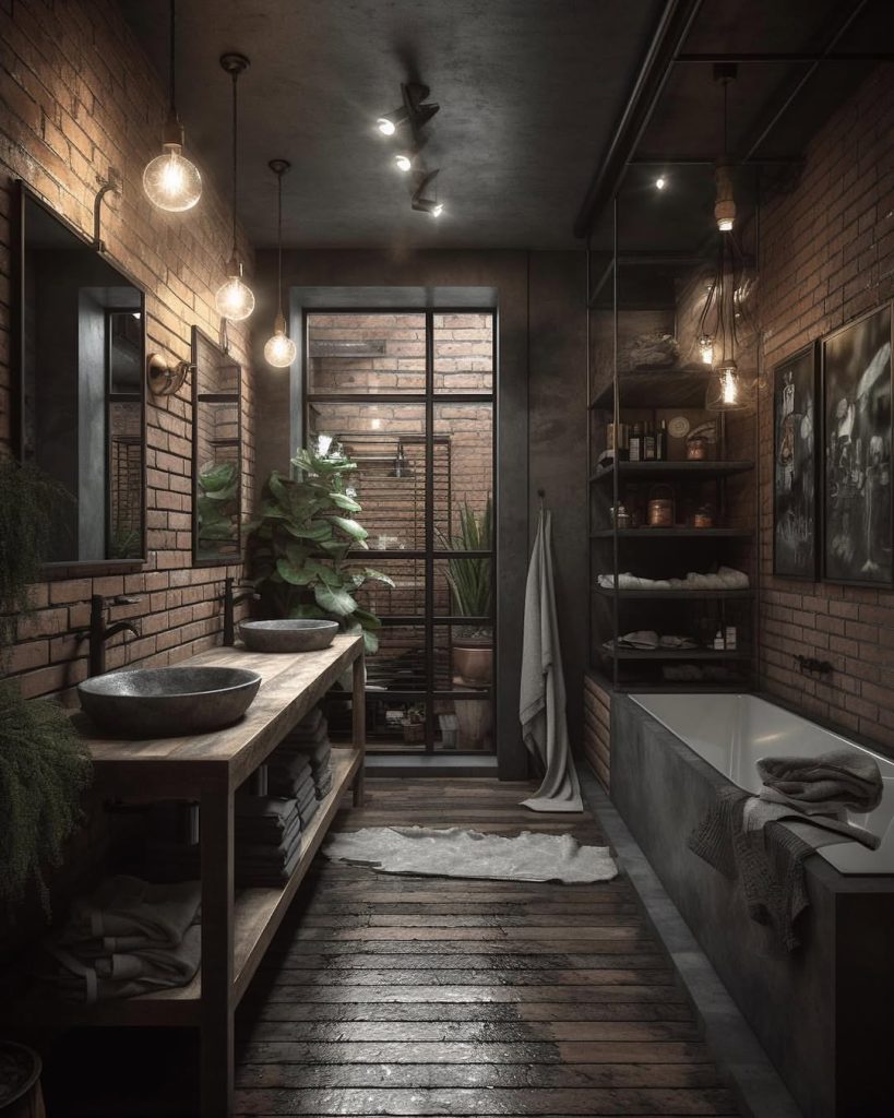 Rustic bathroom with exposed brick walls and wooden vanity