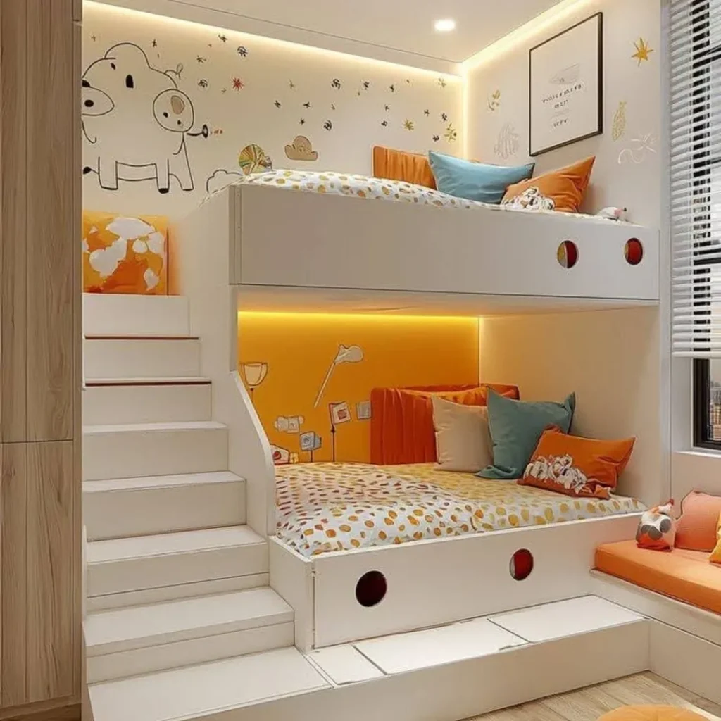 Orange and blue bunk beds with animal wall art