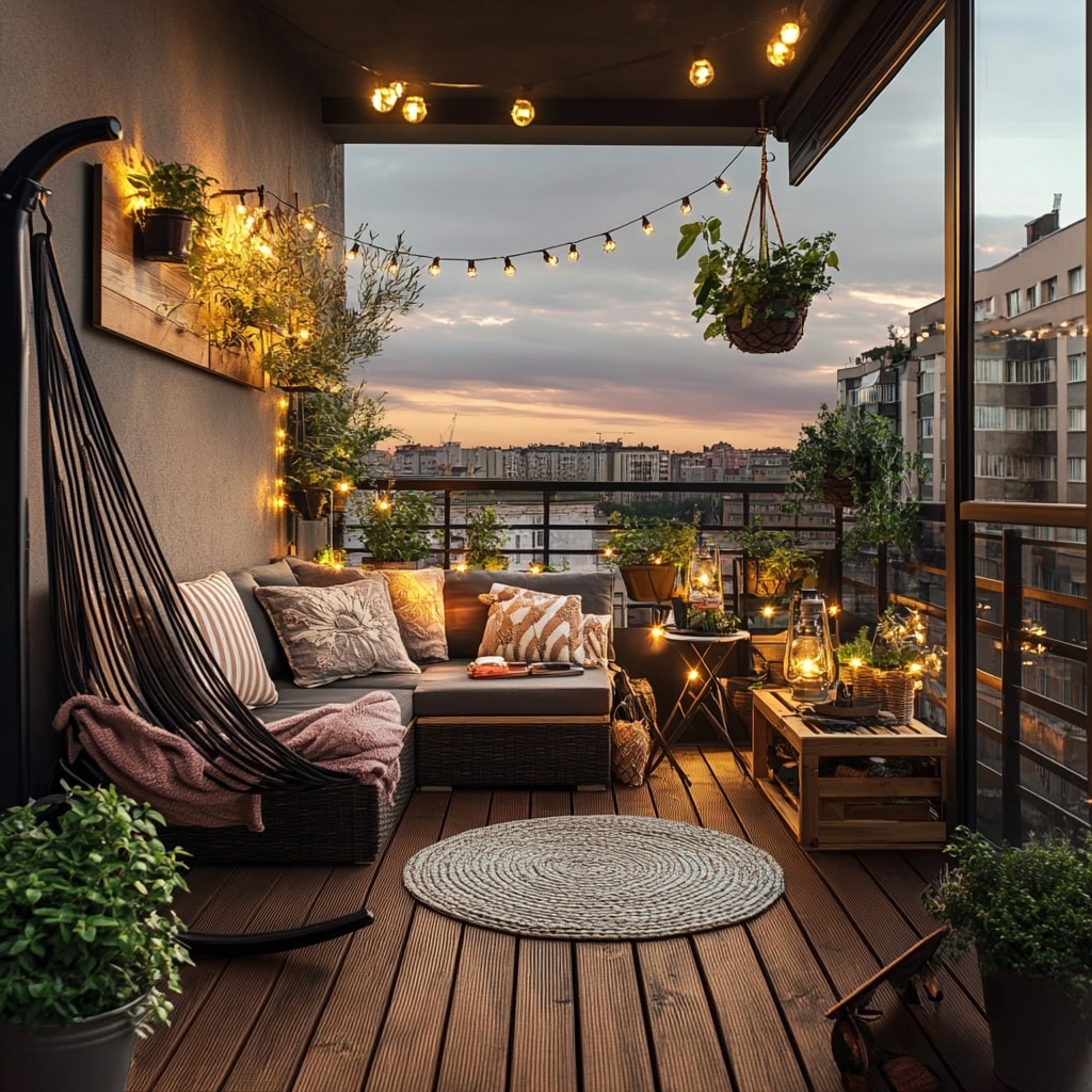 Cozy balcony with string lights, plants, comfortable seating, and city views