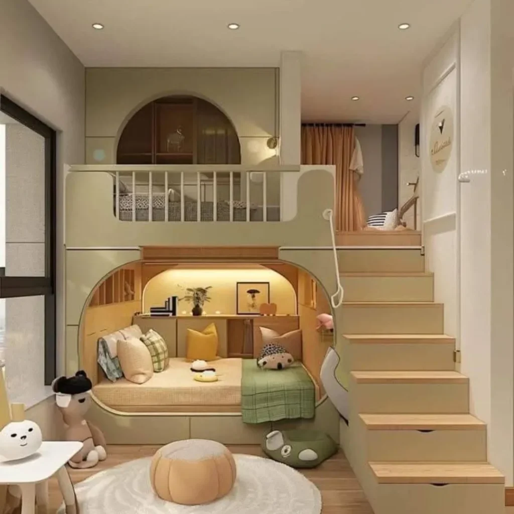 Multi-level kids room with arched reading nook and wooden stairs