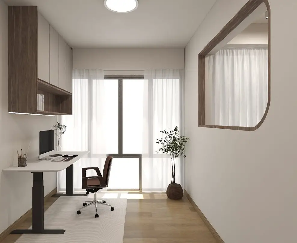 Scandinavian office with white desk and wood accents