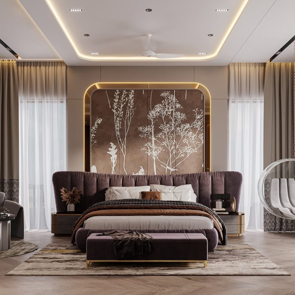 Bedroom with illuminated botanical art purple upholstered headboard
