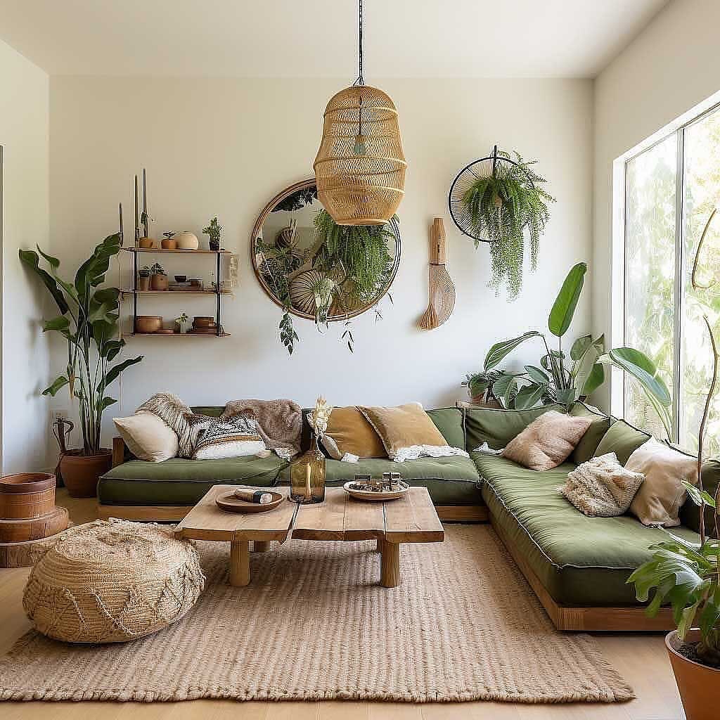 Sage green sectional sofa with woven pendant light and natural textures