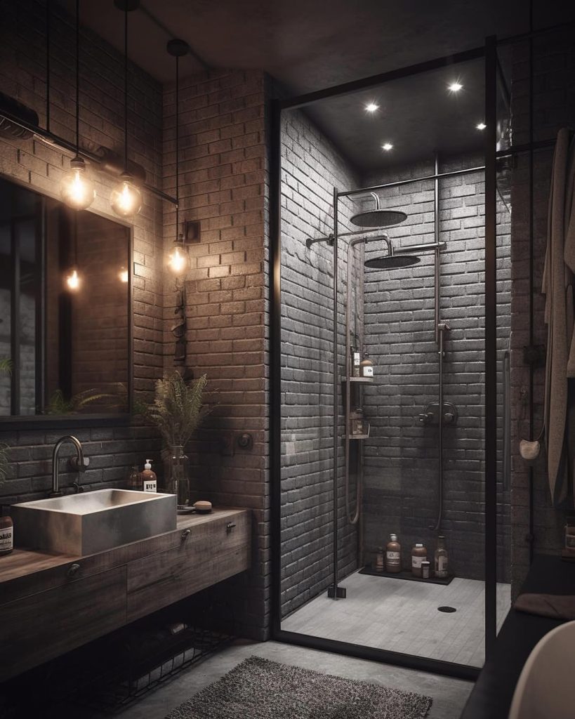 Modern urban bathroom with brick walls and glass shower enclosure