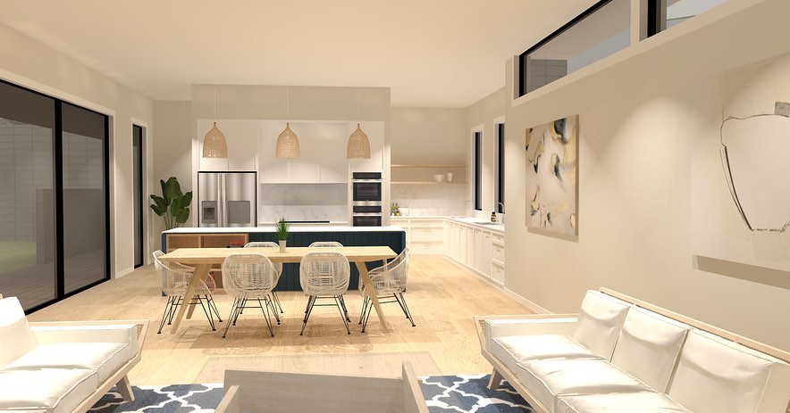 Coastal kitchen with woven pendants, curved island, and wire chairs