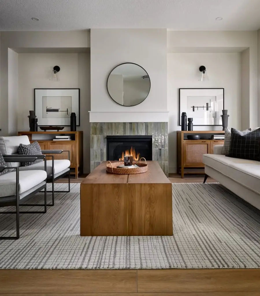 Symmetrical living room with built-in shelving and central fireplace