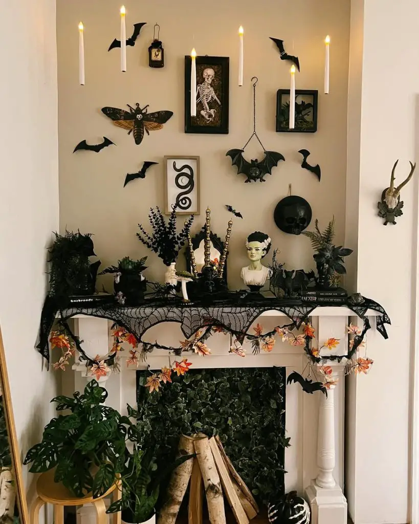 Gothic fireplace mantel with floating candles and dark artwork